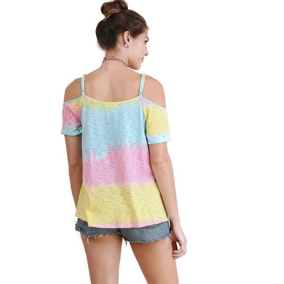 Umgee Lace Up Cold Shoulder Color Block Top, Lemon Mix - Picture 2 of 3